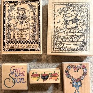 Bundle of 5 Red Rubber Stamps including 2 vintage and rare STAMPIN' UP! stamps